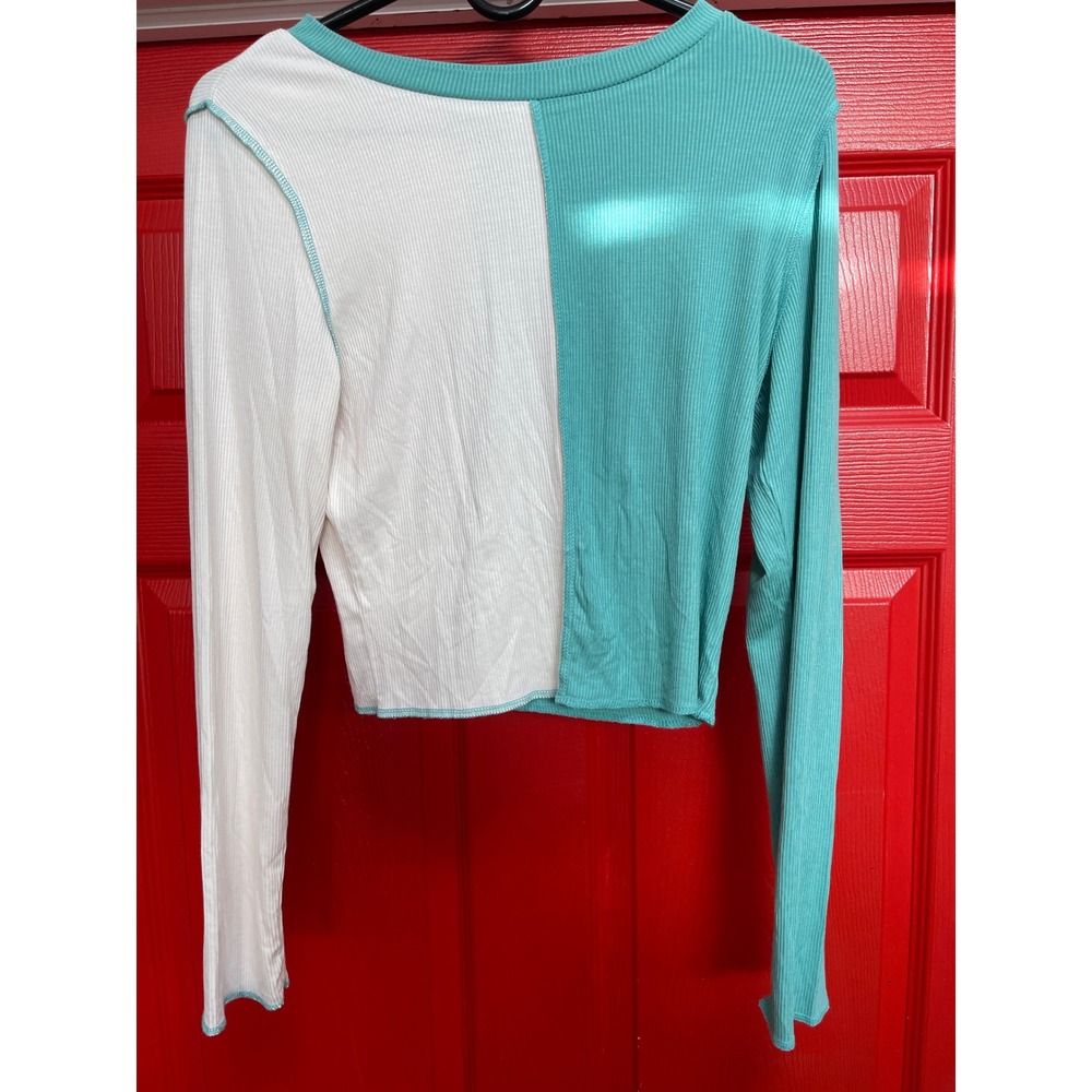 Wild Fable Colorblock Ribbed Long Sleeve Crop Top Teal White Medium